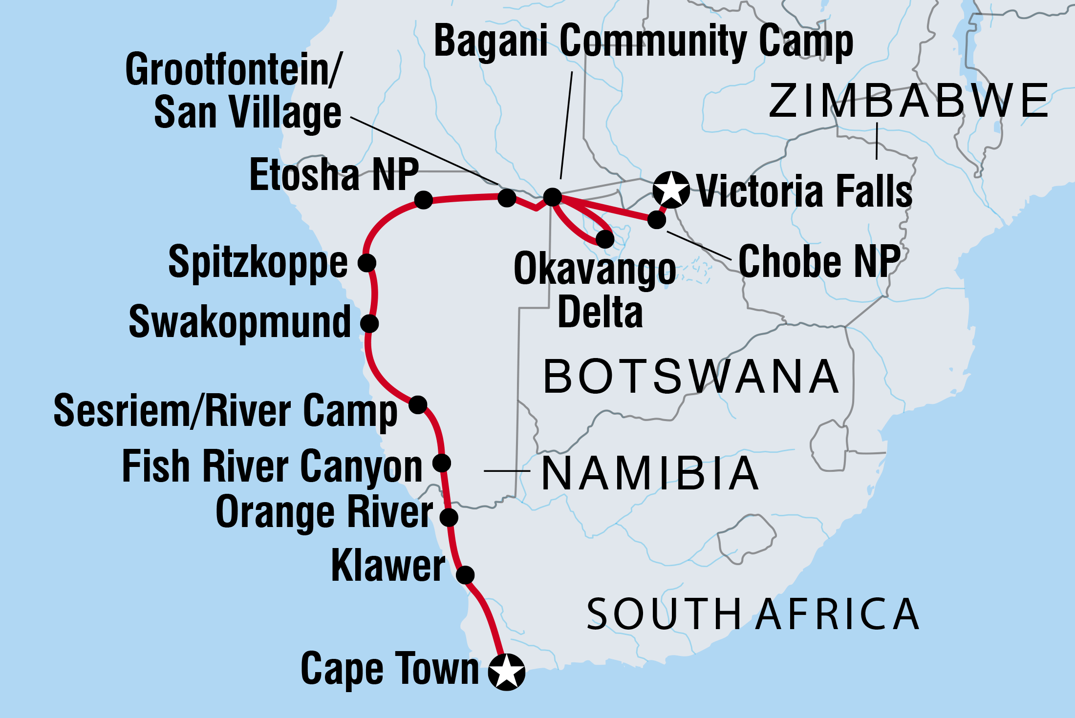 tourhub | Intrepid Travel | Cape Town to Vic Falls | Tour Map