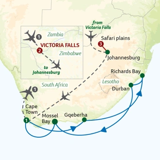 tourhub | Titan Travel | Victoria Falls and Safari Tour with a South African Coastline Cruise | Tour Map