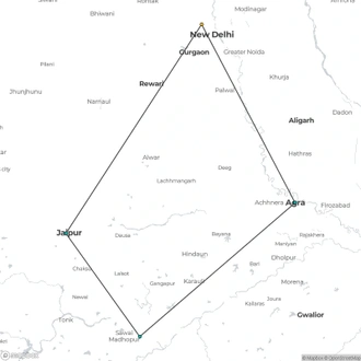tourhub | Chuttibaaz.com | 8 Days Tour of Golden Triangle & Ranthambore with 3 Jeep Safari !! | Tour Map