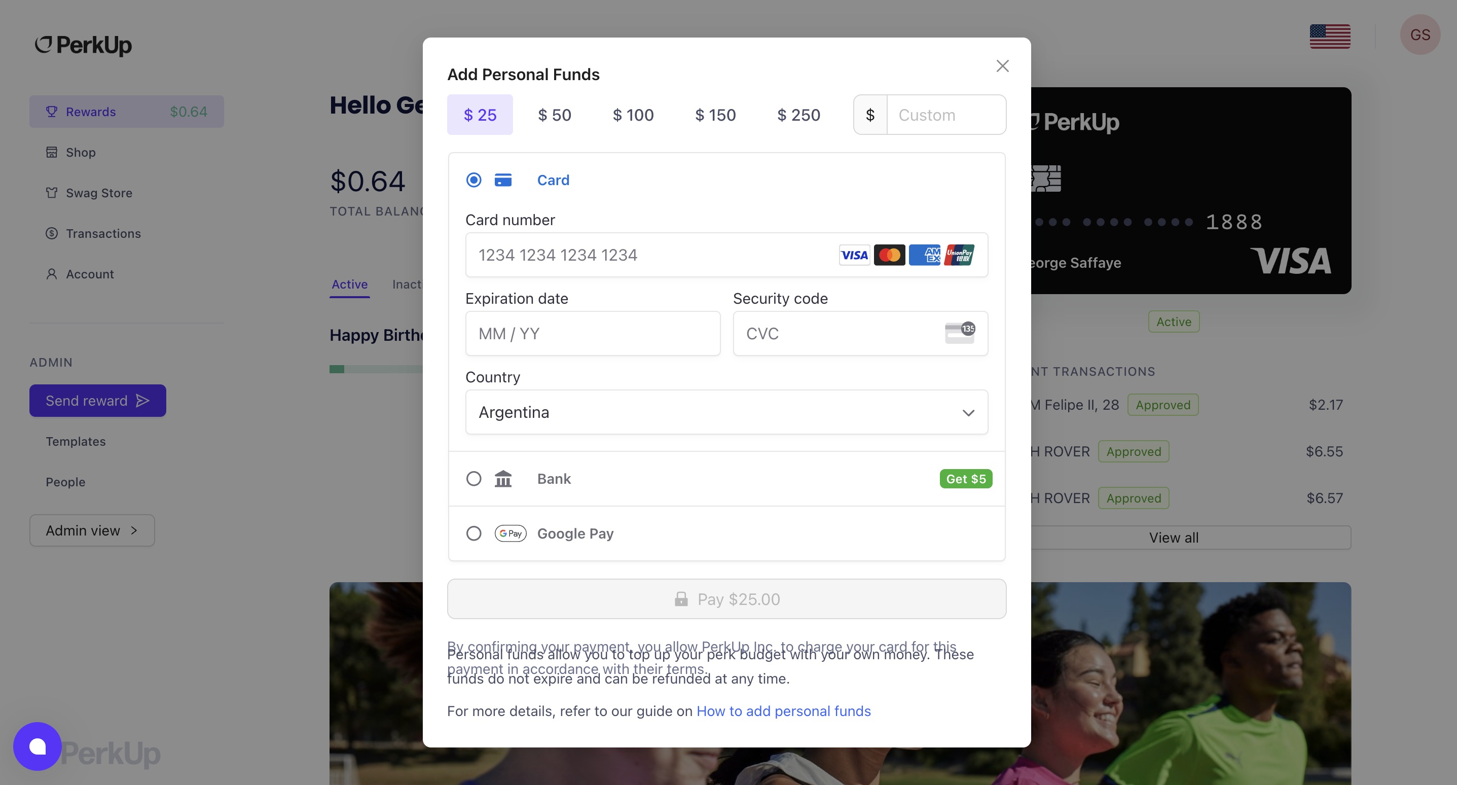 How to add personal funds to your PerkUp balance