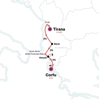 tourhub | G Adventures | Tirana to Corfu:  Ancient Towns & the Albanian Riviera | Tour Map