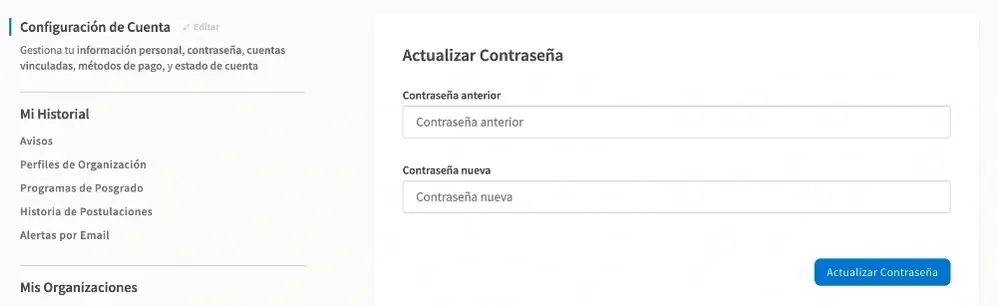 Captura de pantalla de la página de Idealist mostrando la sección para actualizar la contraseña