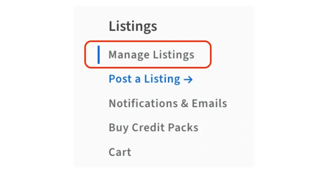 A screenshot of the Idealist website showing the Manage Listings section of the Dashboard