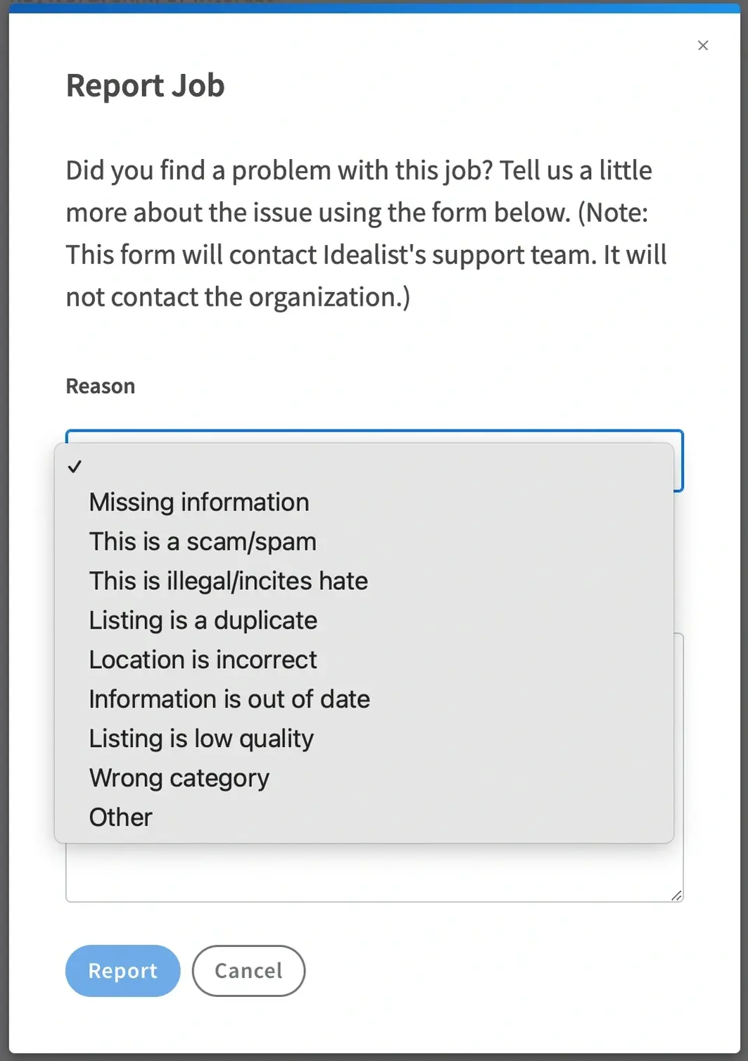 Screenshot of the Idealist website showing the dropdown menu to choose the Reason for reporting