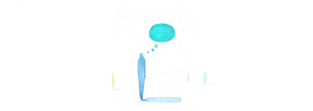 Blue watercolor figure with thought bubble
