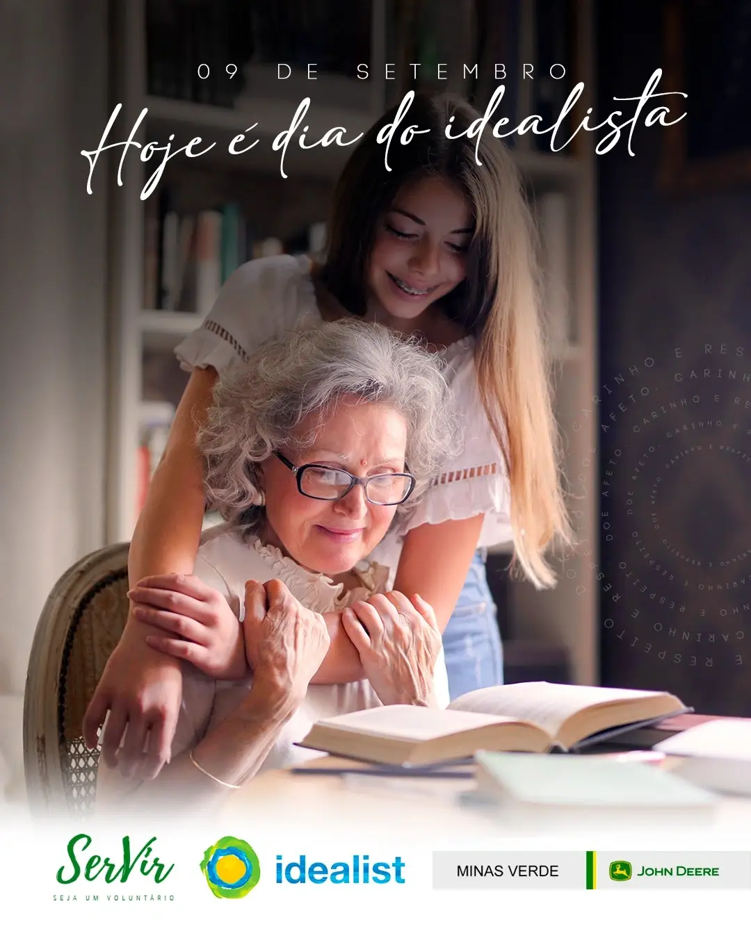 A poster of an old lady with a young girl, sitting, smiling and looking at a book.