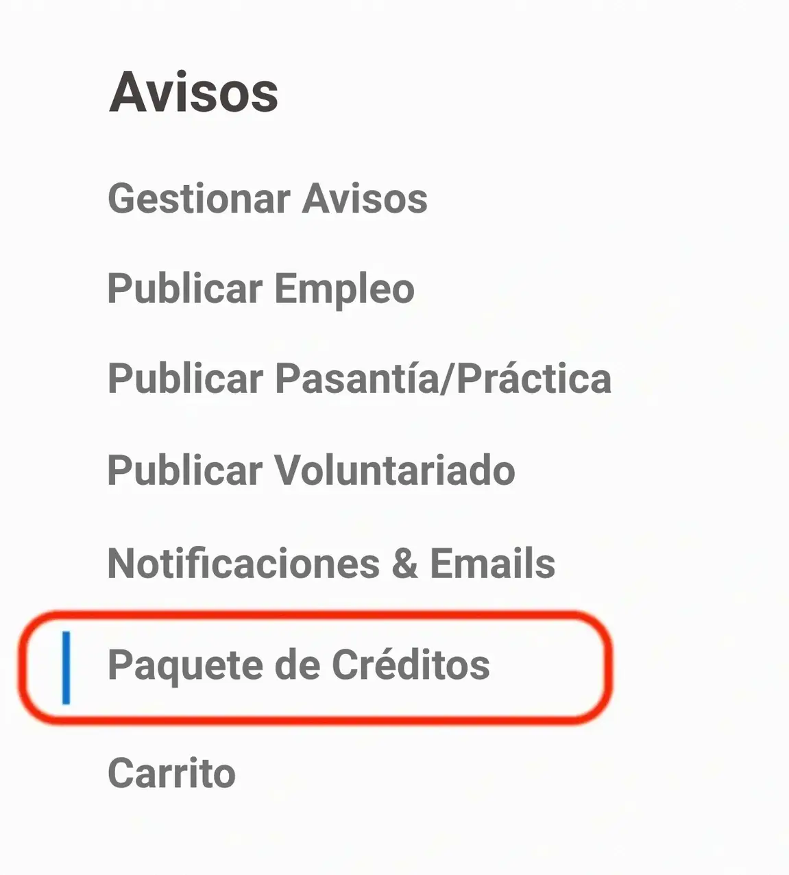 Captura de pantalla del botón para "Comprar un Paquete de Créditos" que aparece en el panel de la organización