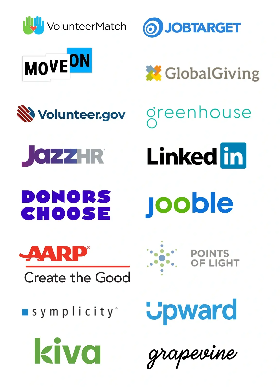 VolunteerMatch, JobTarget, MoveOn, Global Giving, Kiva, Greenhouse, JazzHR, LinkedIn, DonorsChoose, Jooble, AARP, Points of Light, Simplicity, and Upward.