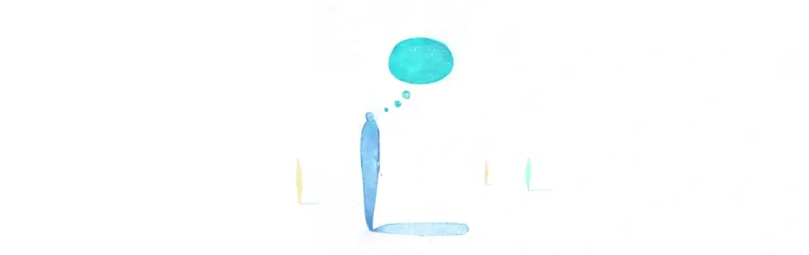 Illustration of a blue person with a thought bubble appearing above his head.