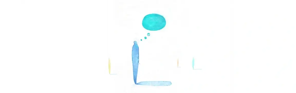 An illustration of a blue person with a thought bubble above their head.