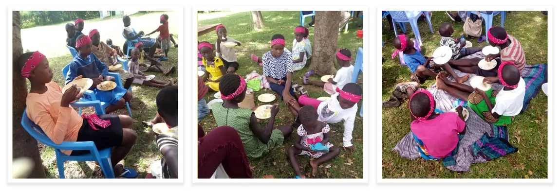 Carol Awuory sharing a meal with orphaned children in East Seme, Kenya