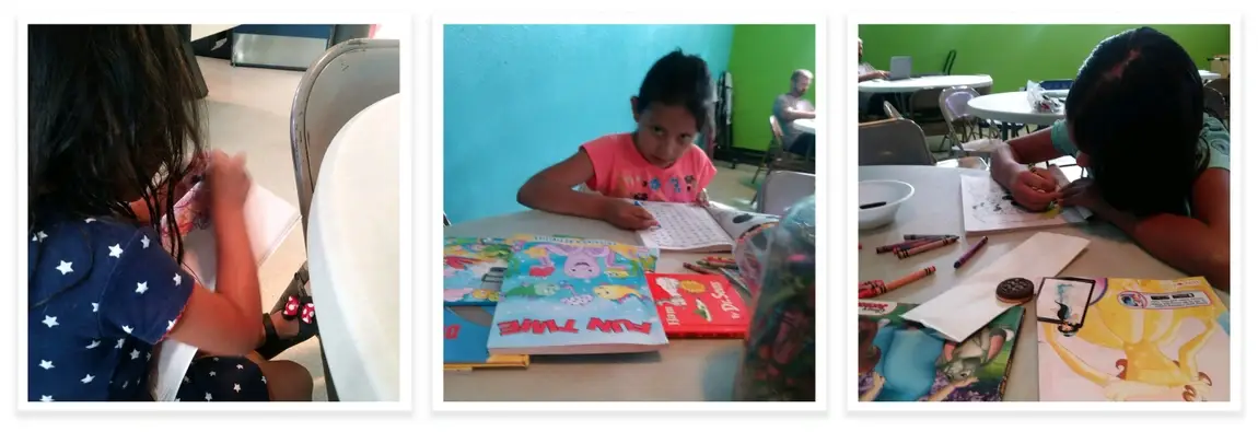 Migrant girls enjoying donated crayons and coloring books.