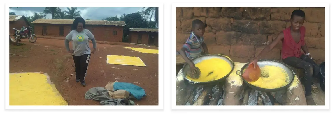 Leontine Sinda, making gari. Two boys making gari.