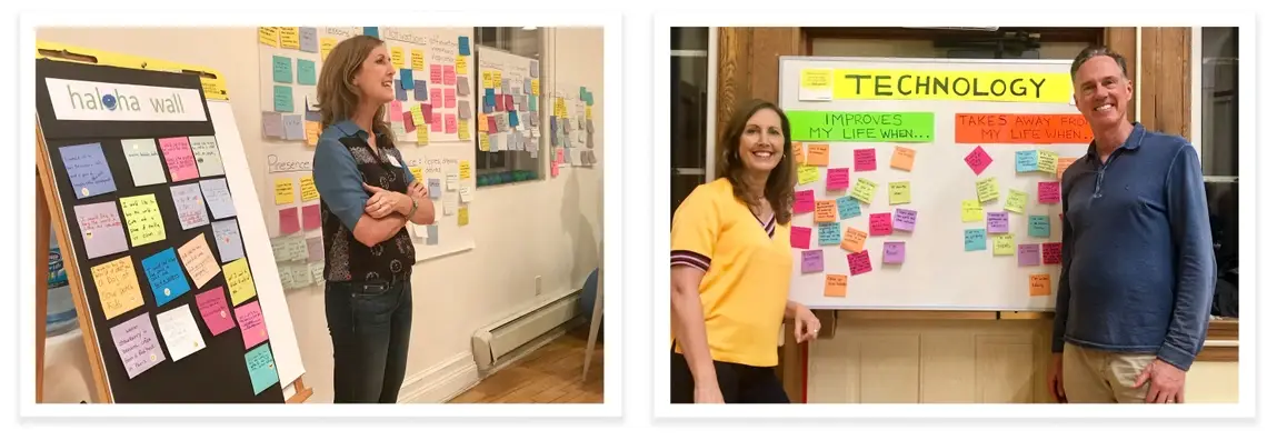 Amy wither business partner, Greg, in an ideation session with post its on the board.