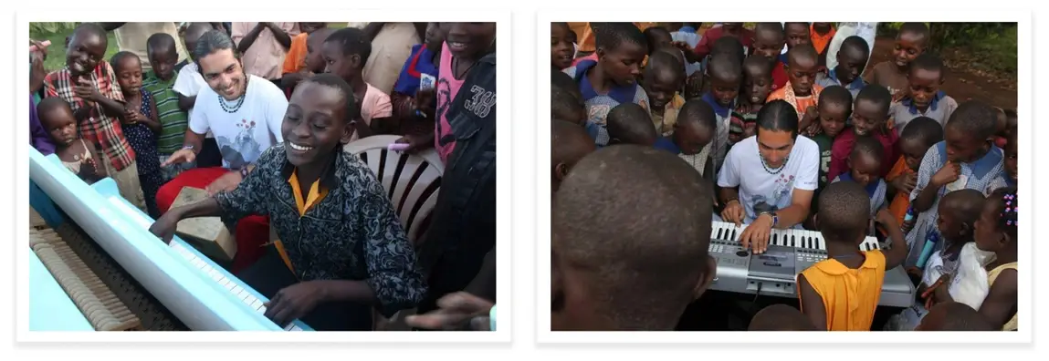 Left: A child is playing the piano for Fabio Tedde. Right: Fabio Fabio Tedde is playing the piano for the children.