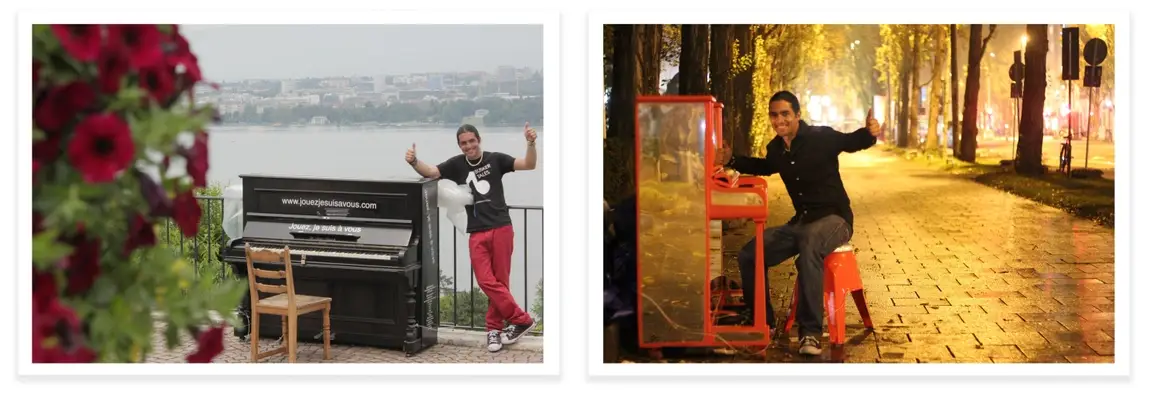 Left: Fabio Tedde poses by the water next to a piano with his thumbs up. Right: Fabio Tedde sits at piano in the street with his thumbs up.