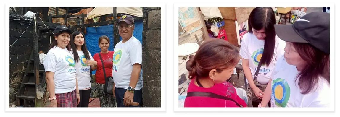 Idealists of the Philippines visiting victims of the fire in Quezon City.