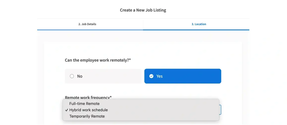 Screenshot of the Idealist website showing where to select Hybrid work schedule when creating a listing