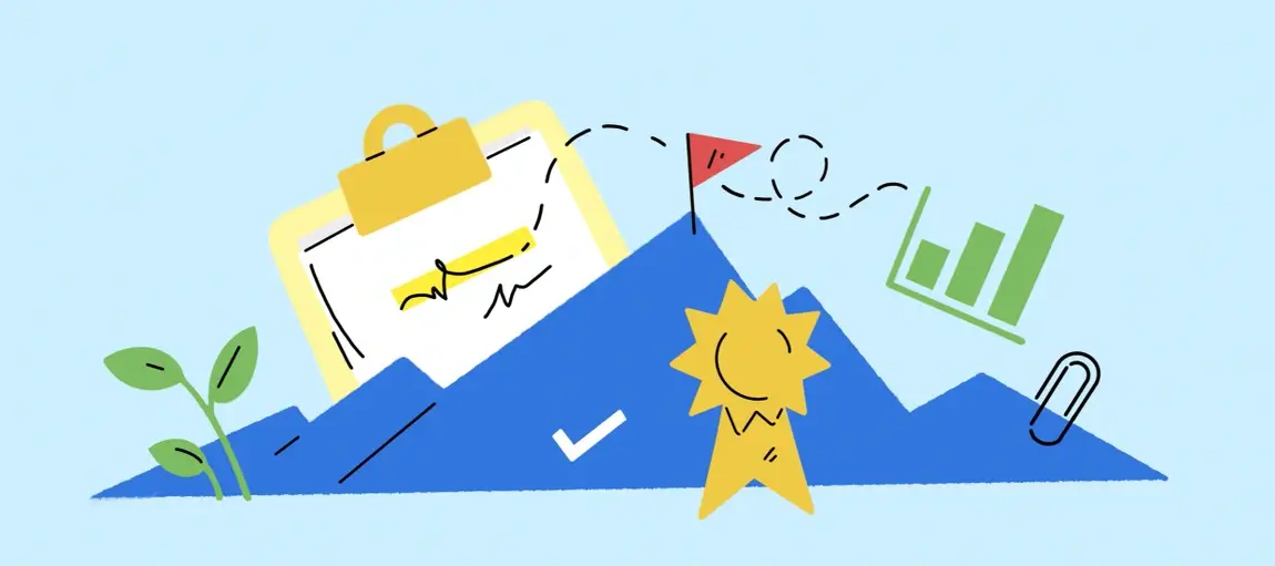 Illustration of a mountain with a red flat at the top surrounded by various icons: a clipboard, a sprouting plant, a gold medal, paper clip, and a chart.