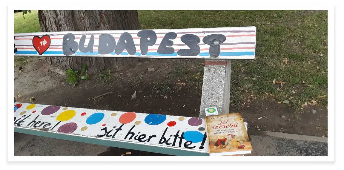 A book on a bench in Budapest, Magdolna Rózsa's pet project.