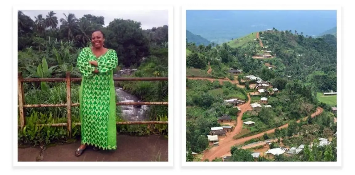 Leontine Sinda stands in front of a railing with a waterfall behind in one photo. In the next photo is her home village.
