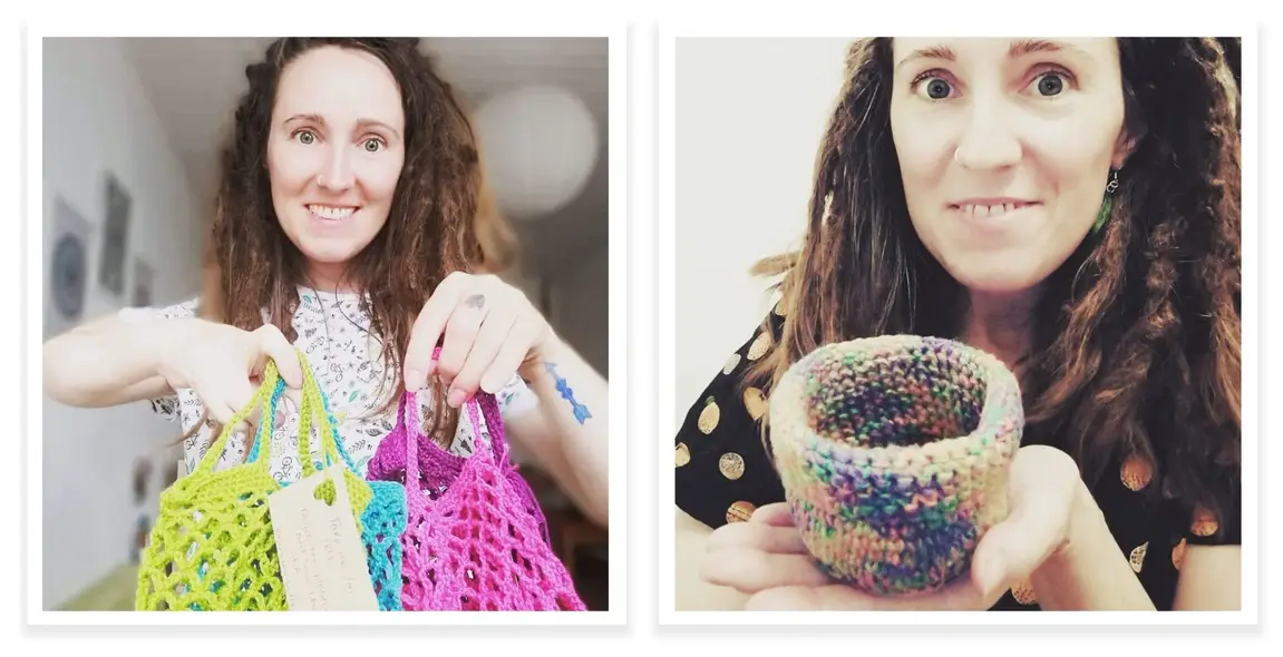 Claire Forshaw holds up handmade goods.