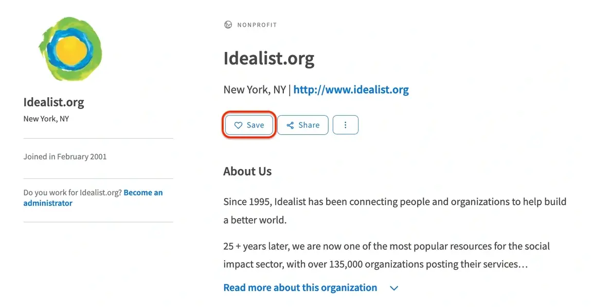 A screenshot of the Idealist website showing how to "Save" an organization as a favorite.