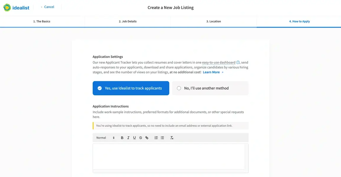 Screenshot of the Idealist website showing where to enable the Applicant Tracker