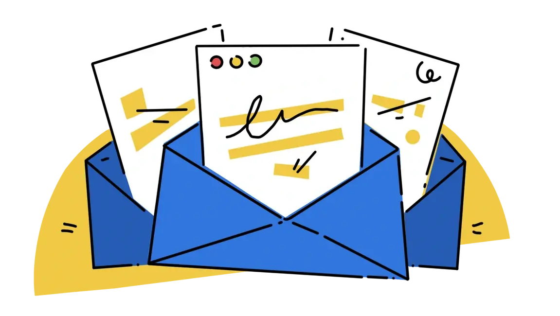 Illustration of three emails in envelopes.