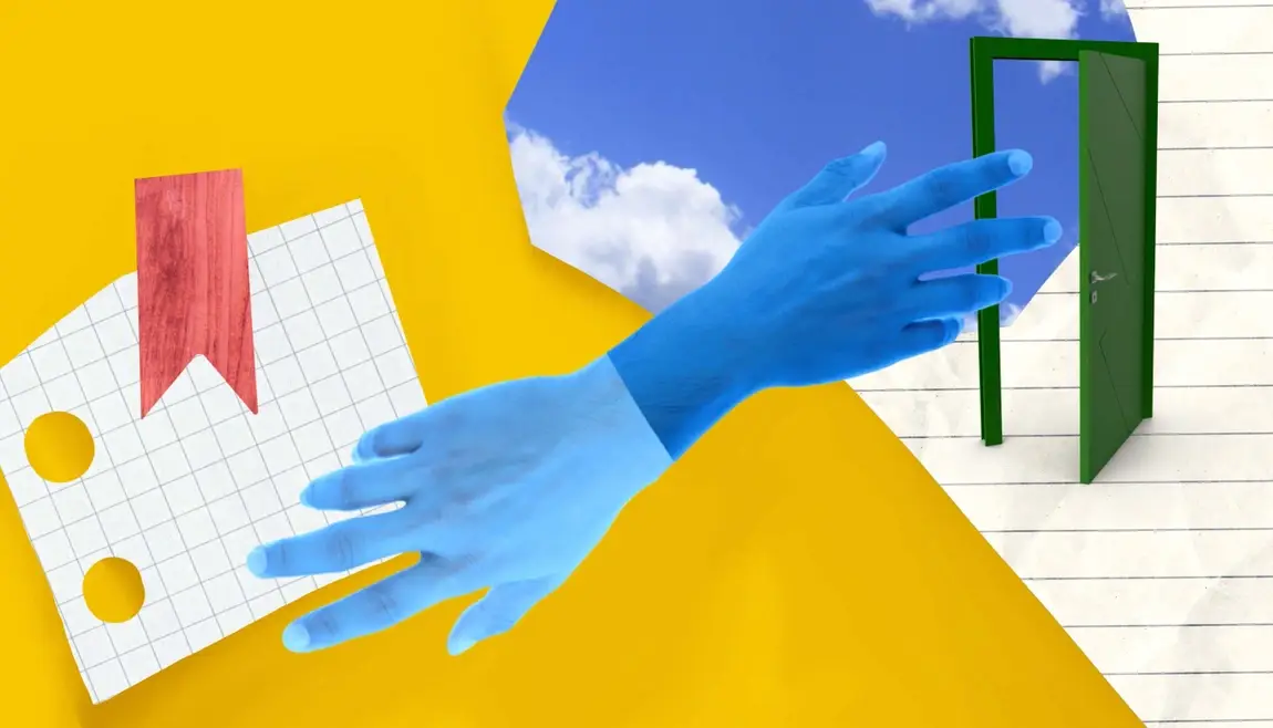 An abstract illustration, featuring blue hands reaching toward a grad school degree and an open green door simultaneously.
