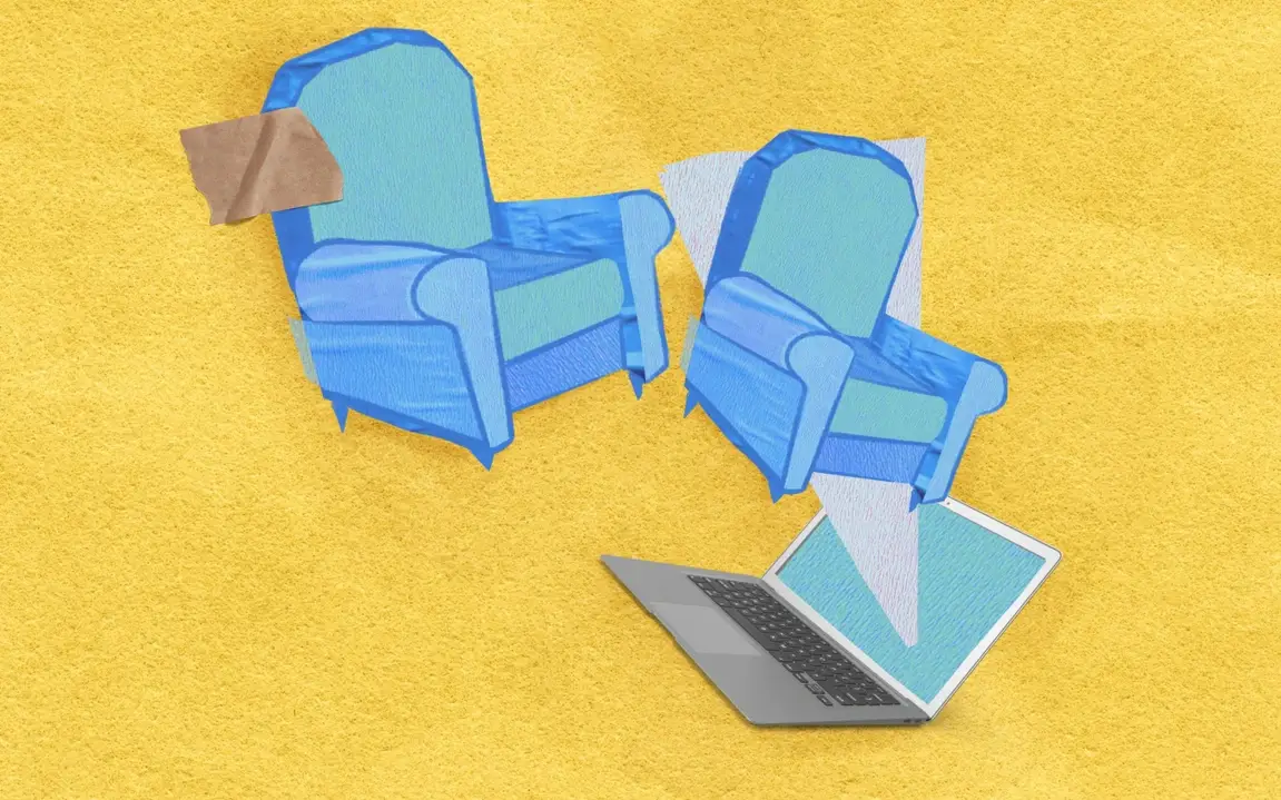 Illustration of two sofa chairs and a laptop.