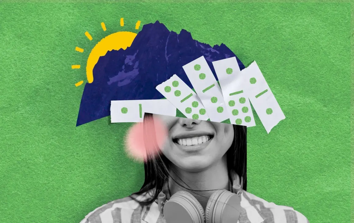 Illustration of a young woman smiling, with drawings of falling dominos, a mountain, and a sunrise covering her eyes.