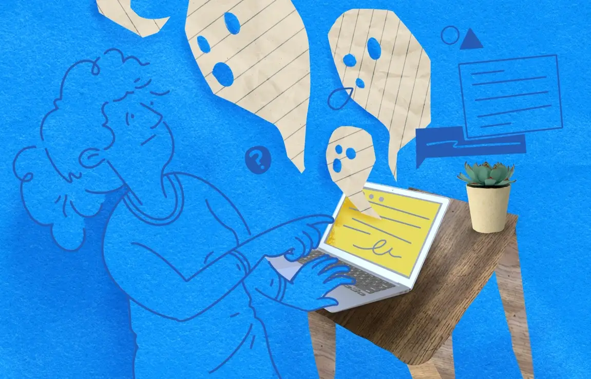 An illustration of a young woman standing in front of her laptop, with loose leaf paper ghosts coming out of it