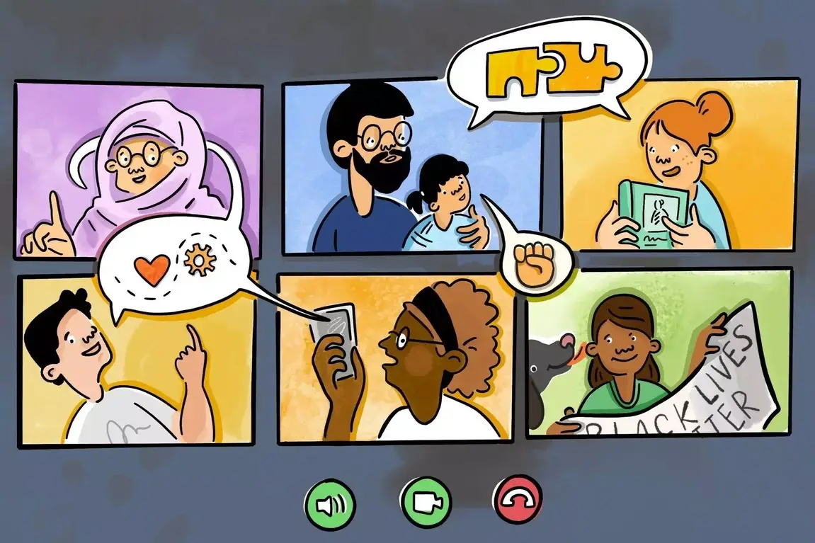 Illustration of people communicating and offering support to one another