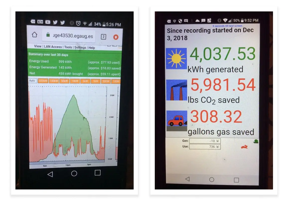 Fotos de tela de celular mostrando os resultados do medidor eletrônico da casa de Renae Bowman com a quantidade de energia usada e o dinheiro e o carbono economizados
