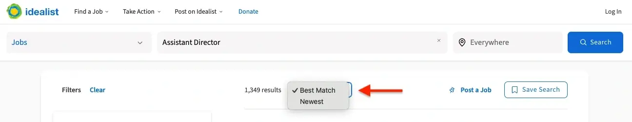 A screenshot of the Idealist website showing Best Match and Newest filters.