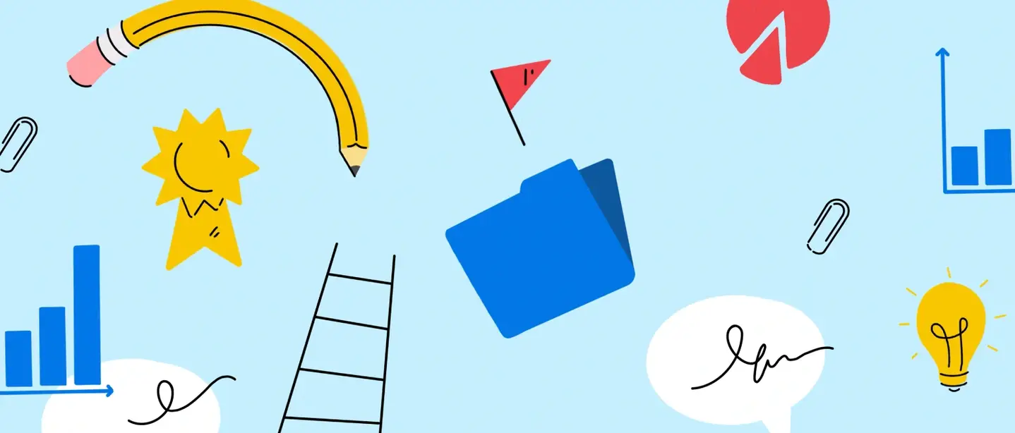 Several colorful doodles of pencils, folders, and other illustrations to represent the Resume Recommender on idealist.org, all found on a light blue background.