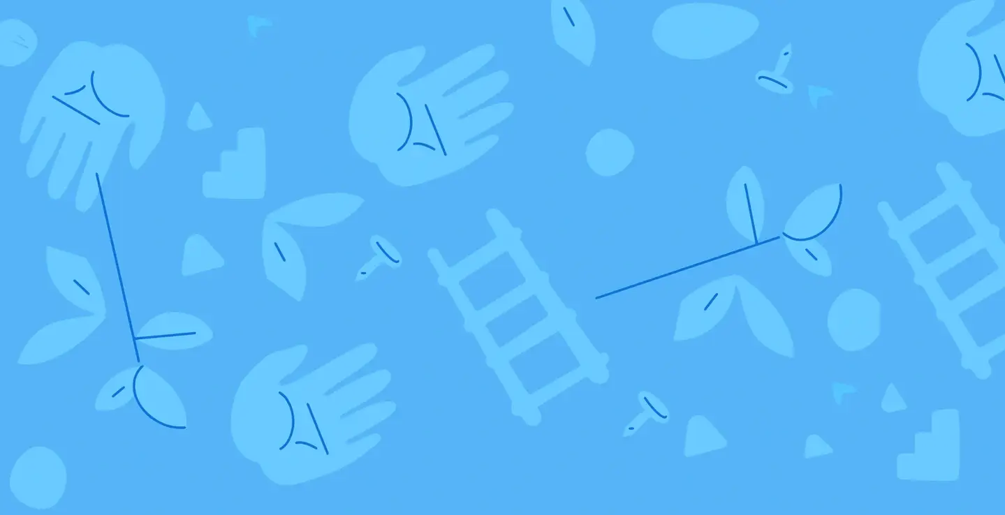 A blue illustration with small images of open hands, ladders, and plants