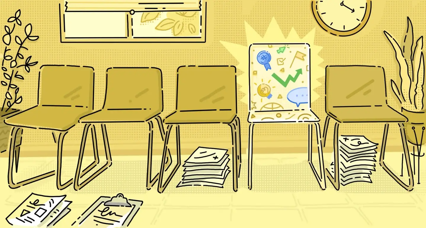An illustration of a waiting room with chairs.