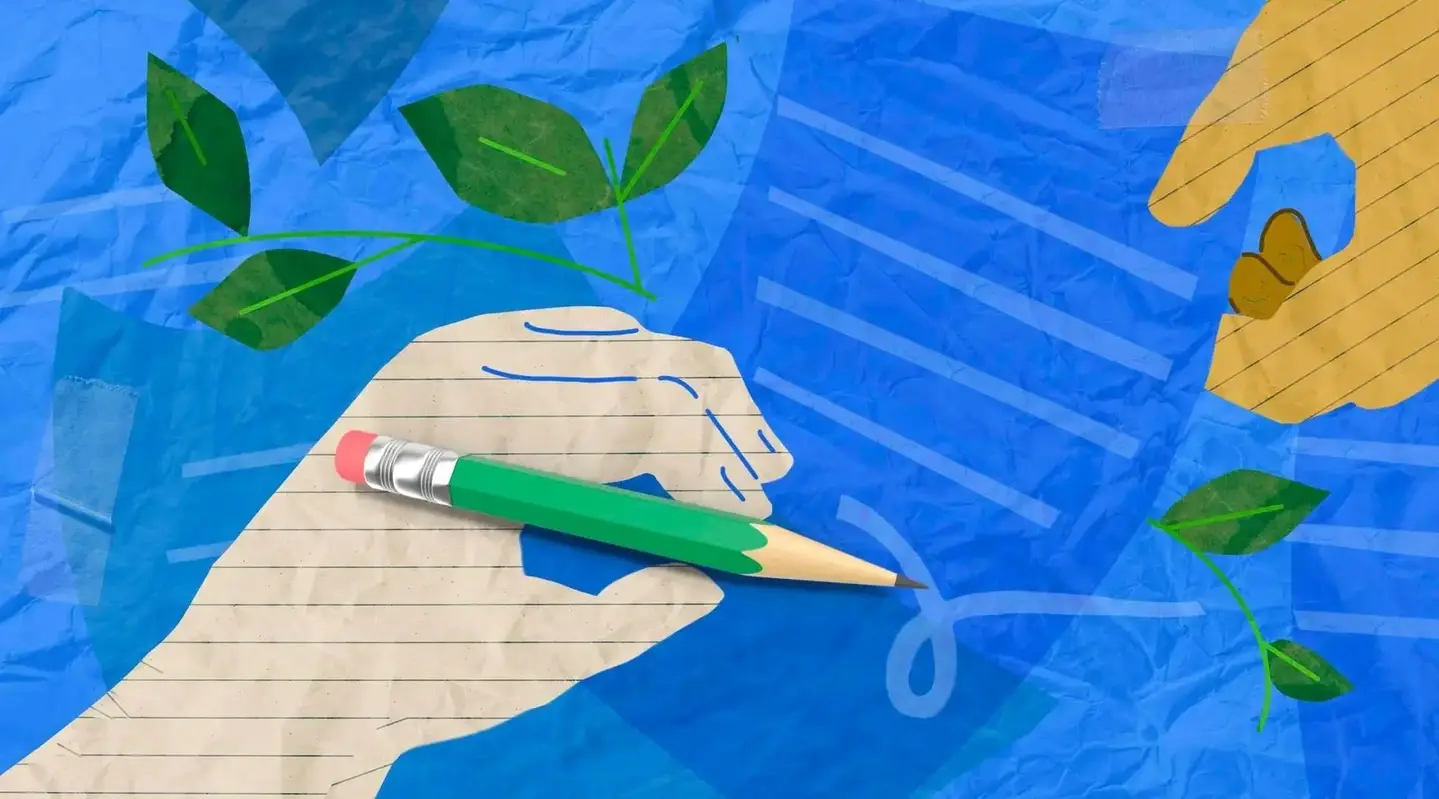 Desenho de mão segurando um lápis e folha