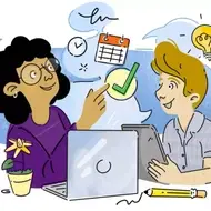 An illustration of a manager talking to an intern, with floating imagery around them, like pencils and computers