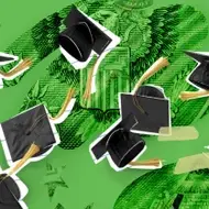 An illustration of graduation caps with US money in the background.