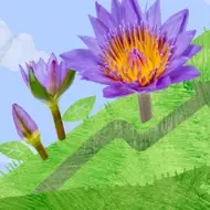 绿色山坡上开满了紫色的花，背景是冒出的嫩芽和蓝色的纸云。