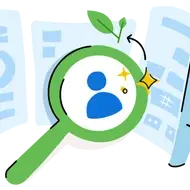 An abstract illustration of screening candidates, featuring doodles of a green magnifying glass and blue resumes.