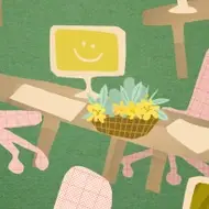Office chairs and desks, with doodles of flowers and a smiley face on a computer.