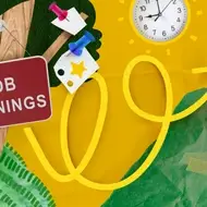 A colorful illustration to represent following up with a hiring manager, featuring a tree, a yellow clock, doodles of arrows, and a red sign labelled "Job Openings."