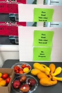 A picture of fruits with a sign that says Free food.