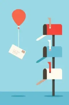 An illustration of  three different mailboxes with an envelope being carried by a red balloon.