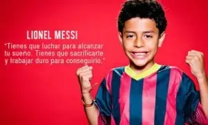 A young boy next to a quote from Lionel Messi.