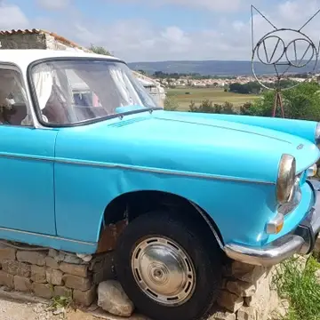 Blue vintage Peugeot in front of rural view.